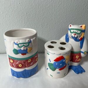 Vintage‎ scuba Cat Bathroom cup and toothbrush holder